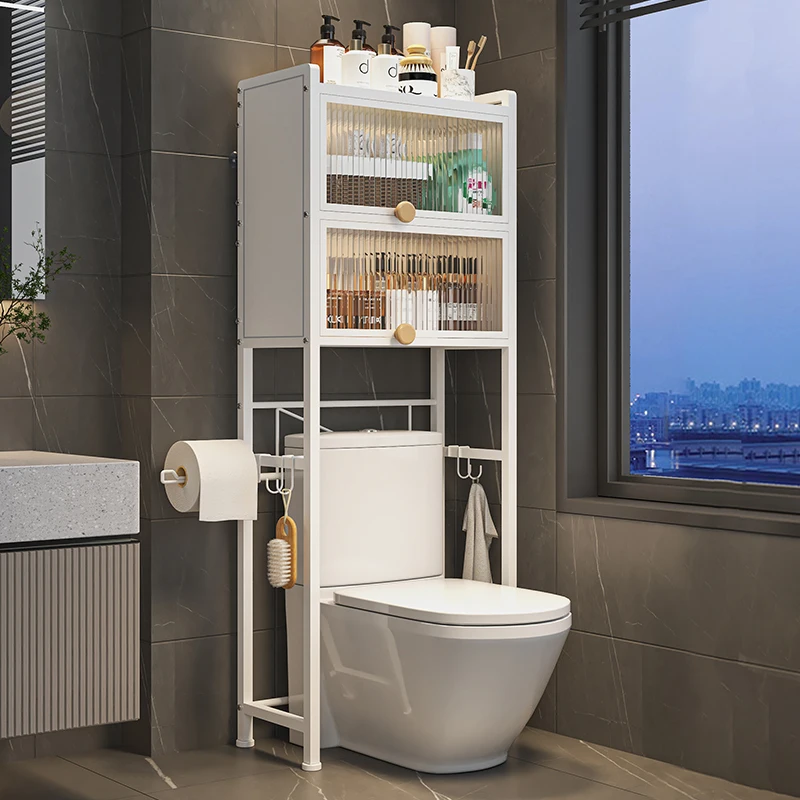 bathroom With cabinet door over Toilet storage rack paper roll organization holder 3 Tier Metal towel Bath Products shelf