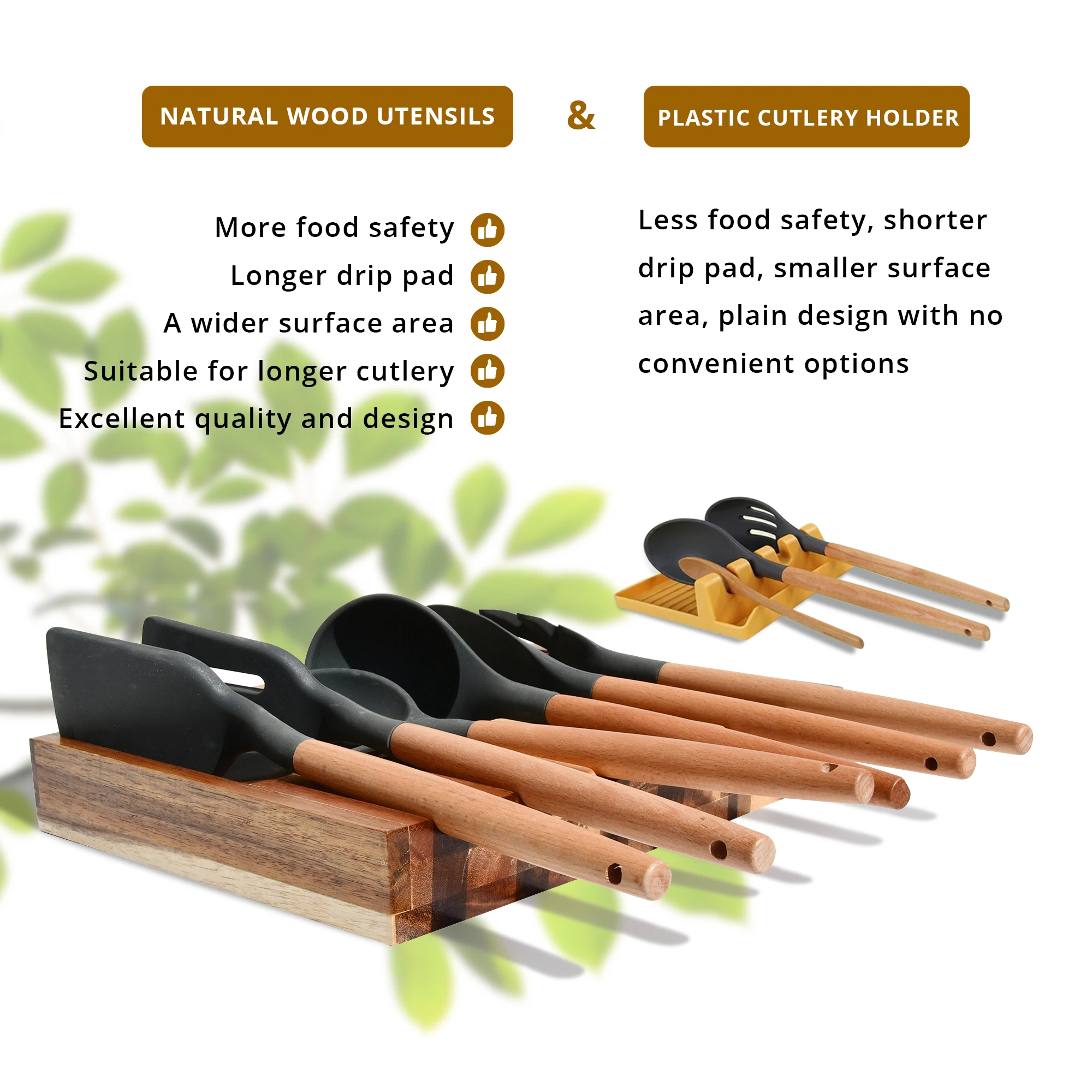 Kitchen Cooking Storage Rack Acacia Wood Spoon Holder Bamboo Utensil Rest with Drip Pad for Multiple