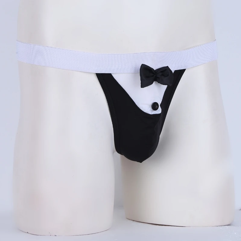 High Quality Sexy Tuxedo Bow Tie Pouch Bikini Thong Underwear G String Costume Mens Briefs With Bow