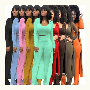 Trending Solid Casual Long Coat Woman Outfits Jumpsuit Ribbed Knit 3 Piece Set Women Clothing Plus Size Fall 2022 Women Clothes
