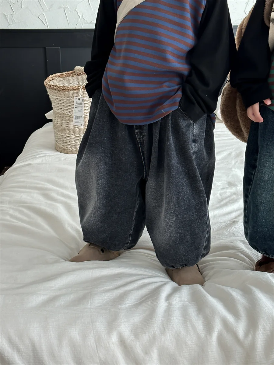 2023  childrens kids blue black autumn new cotton jeans loose denim pants wide-leg pants