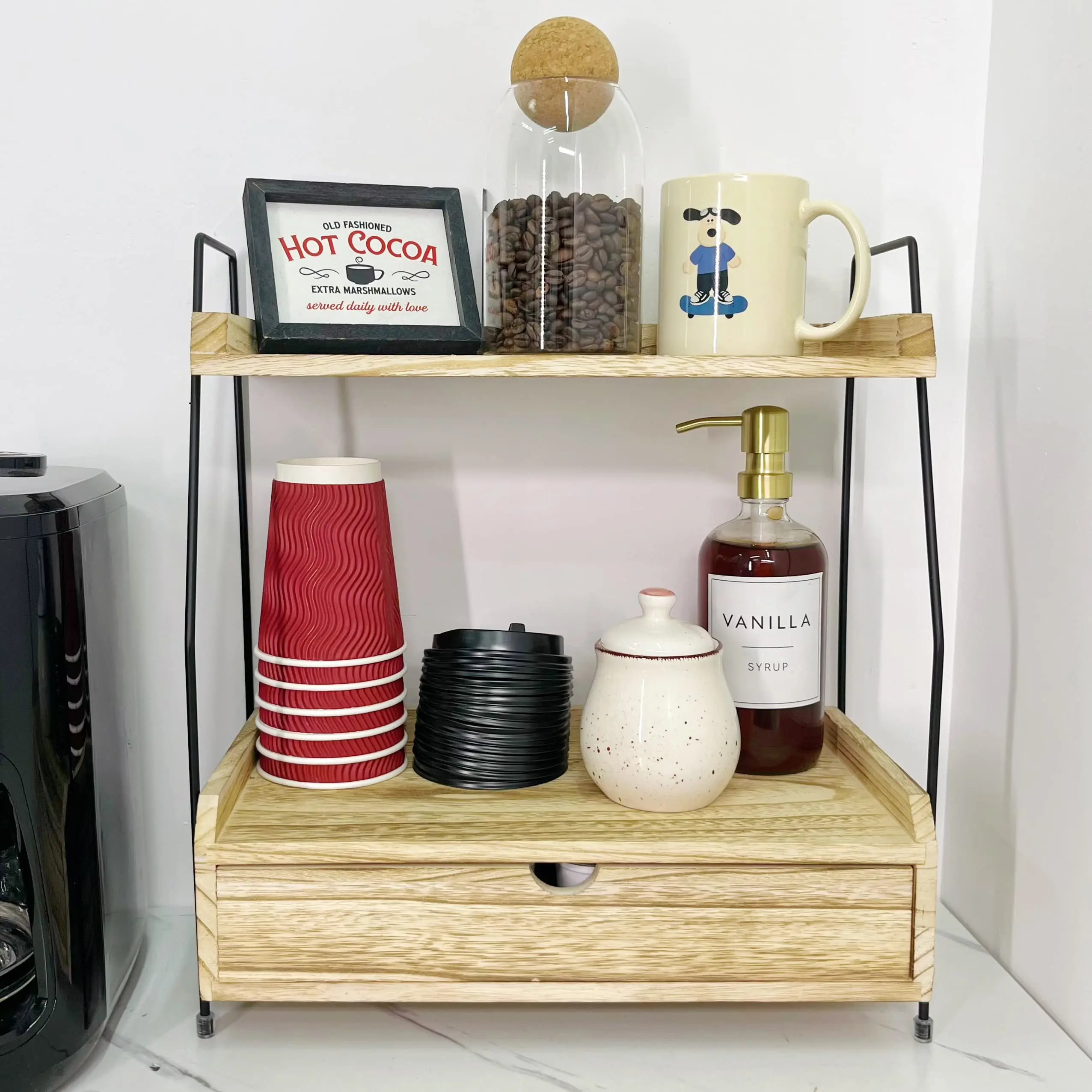 Wood Kitchen Countertop Organizer Coffee Bar Accessories and Organizer Countertop Coffee Station Organizer with Drawer