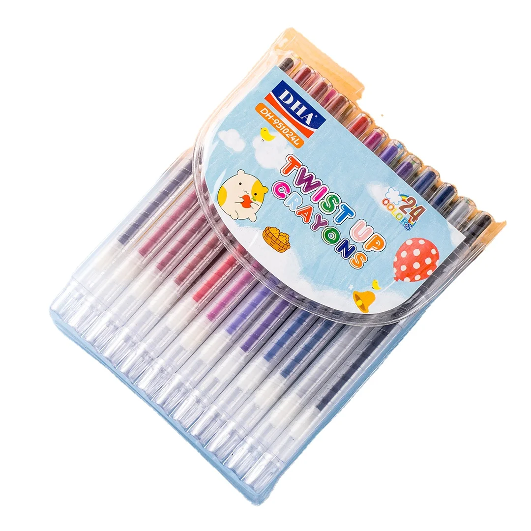 DHA Art Painting Tools Multicolor Twist Up Crayon Pen Set Oil plastic 24 Colors With PP Box Customized Logo