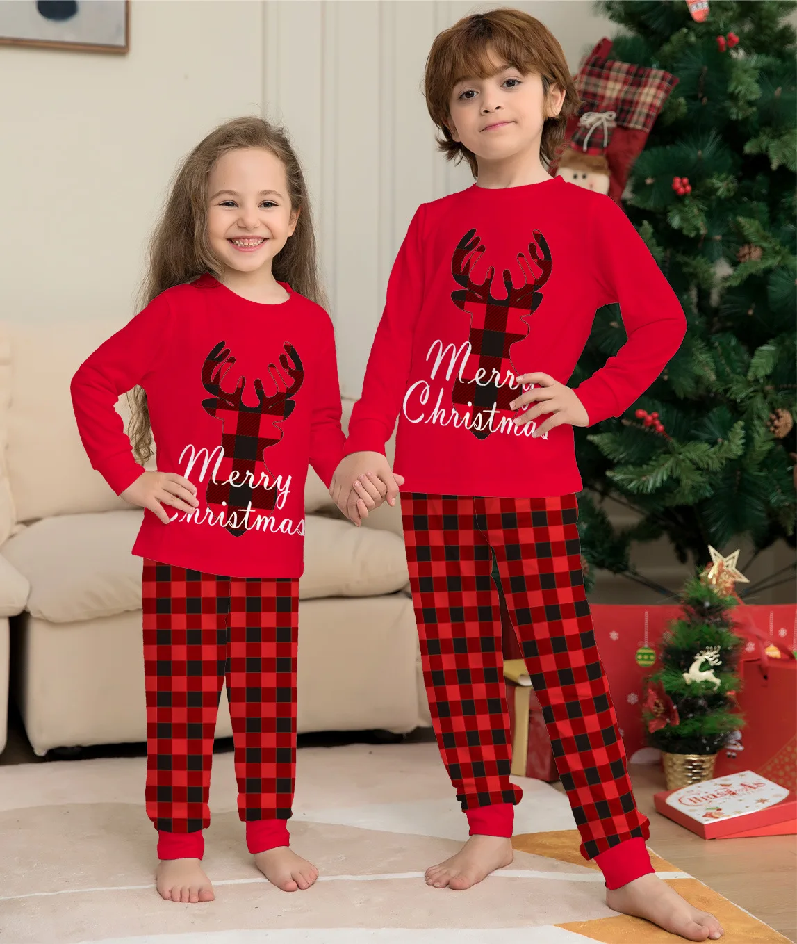 Hot Selling Christmas Clothes Baby Checkered Deer Set Parent-Child Home Clothing Children'S Pajamas Jumpsuits
