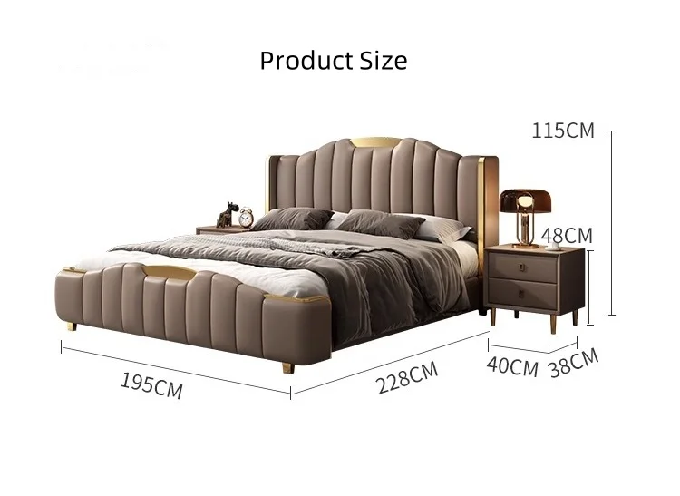 Wholesale Luxury King Size Modern Leather Bed with Gold Stainless Steel Frame High Double Bed Upholstered Leather Headboard