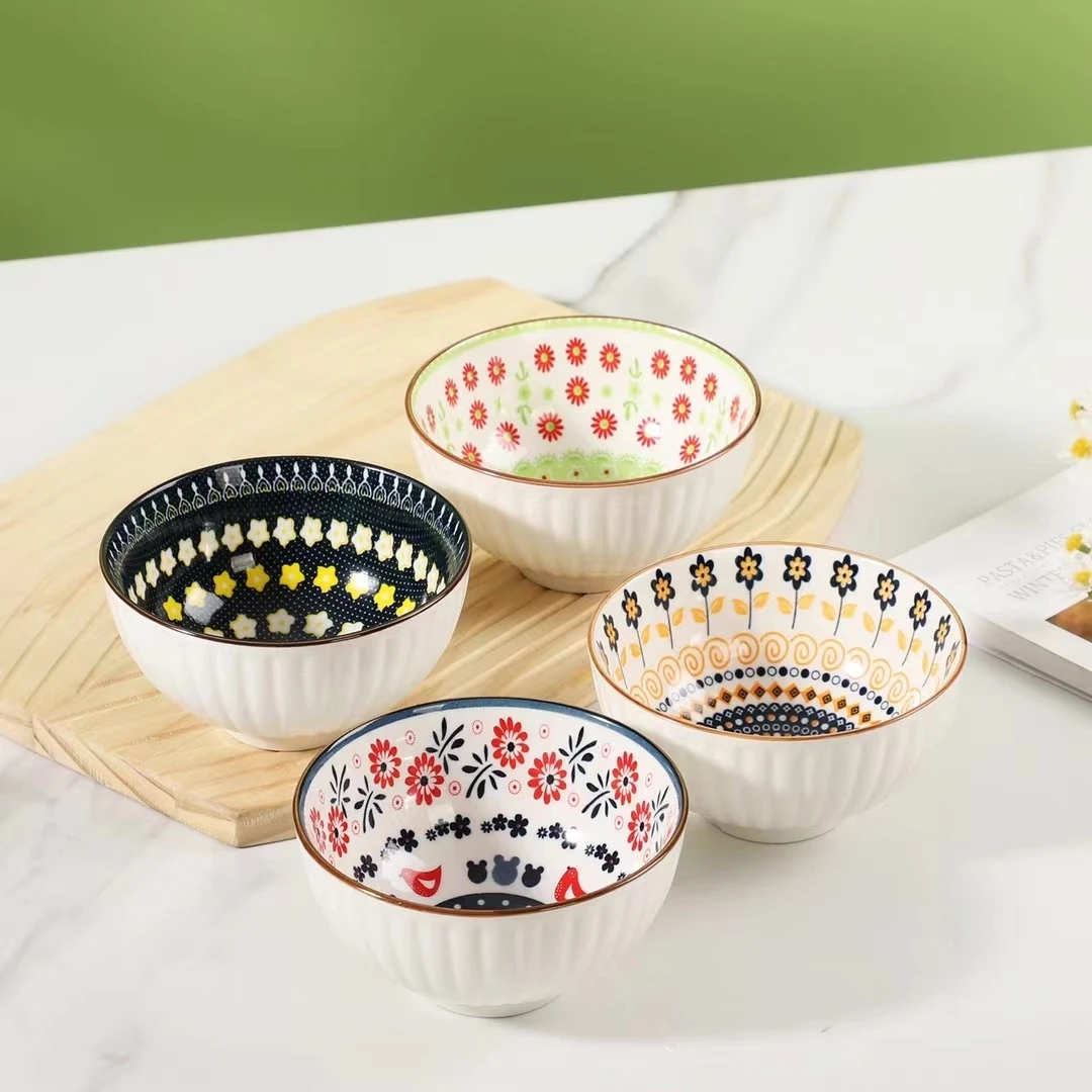 colored printing ceramic bowl set for dinner household use ceramic bowl 4.5inch with gift box