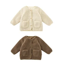 YOEHYAUL Wholesale Warm Child Fleece Jacket Kids Baby Teddy Coat Outwear With Pockets Solid Winter Coats For Baby Girls