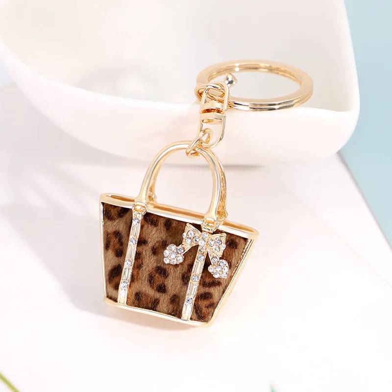 Leopard Bag Keychain Pack Charms Handbags Pendant Accessories Ring Purse Hanging Ornament Backpack Car Decor Rhinestone Crystal