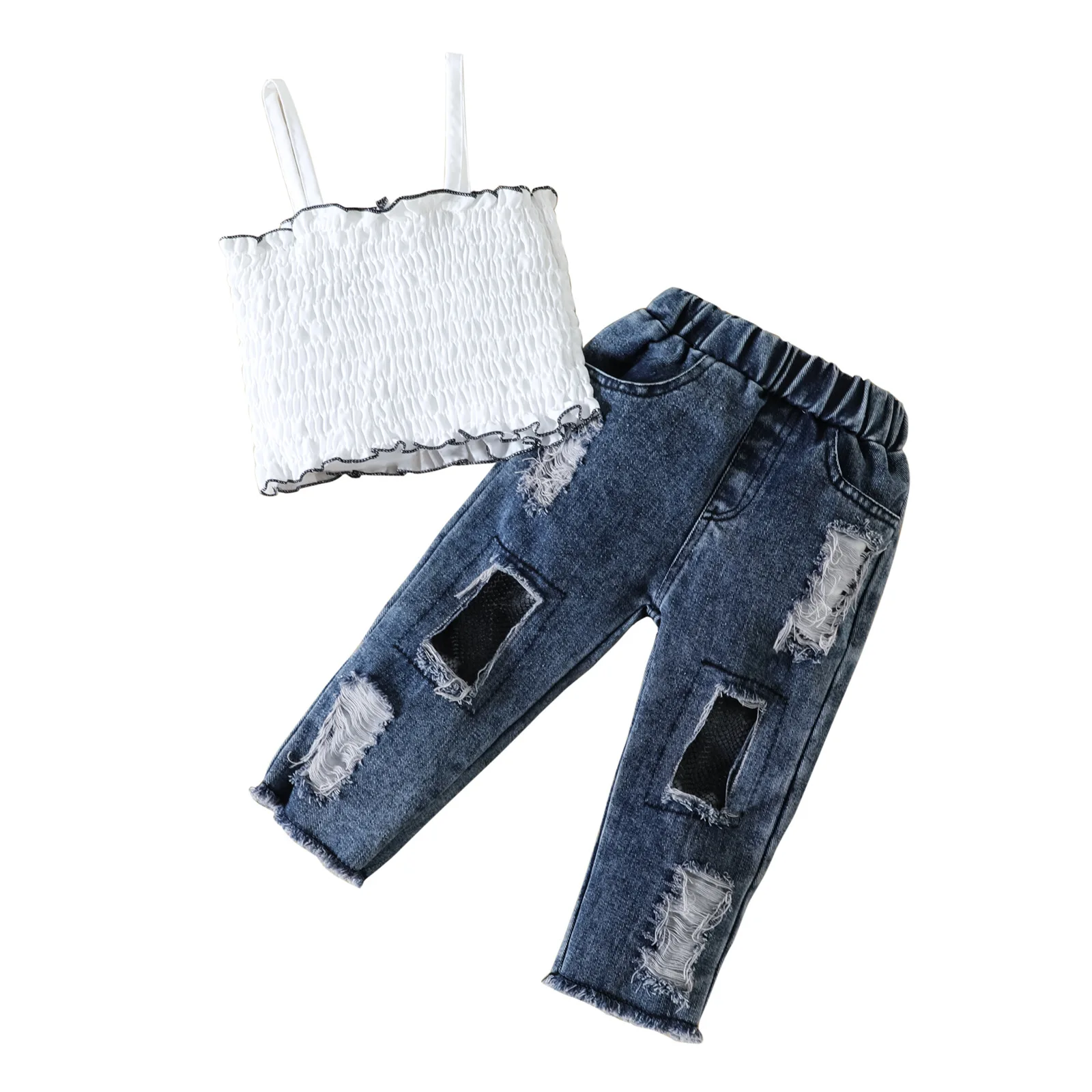 Hot selling children's clothing sleeveless vest top+fashion hole denim trousers two piece kids summer girls outfits