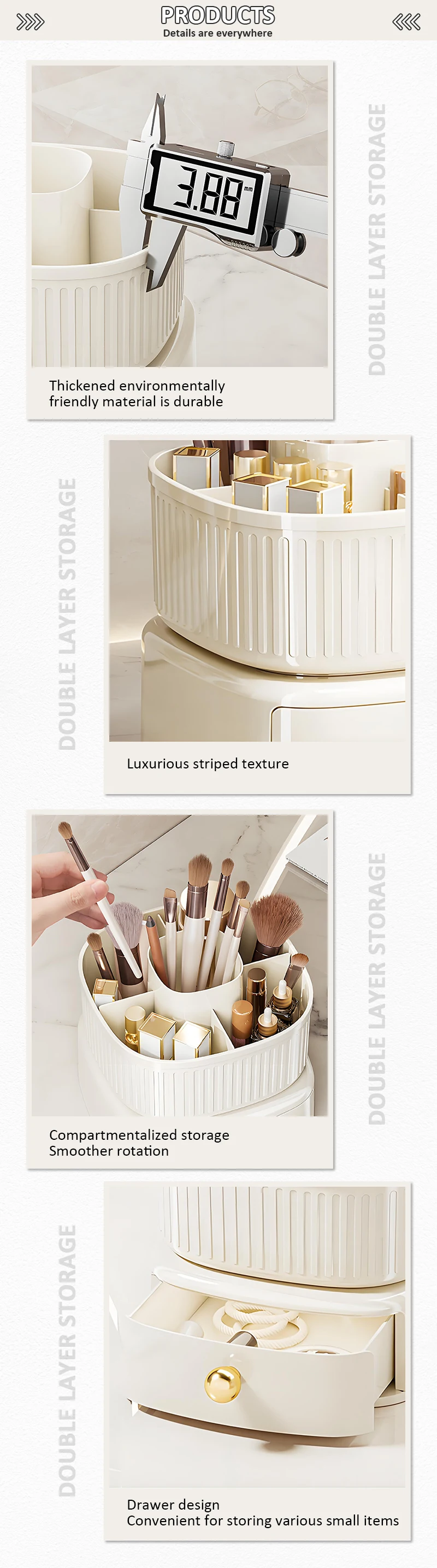product 360 degrees rotating makeup brush holder with drawer makeup organizer countertop skincare storage for vanity desktop bathroom-5