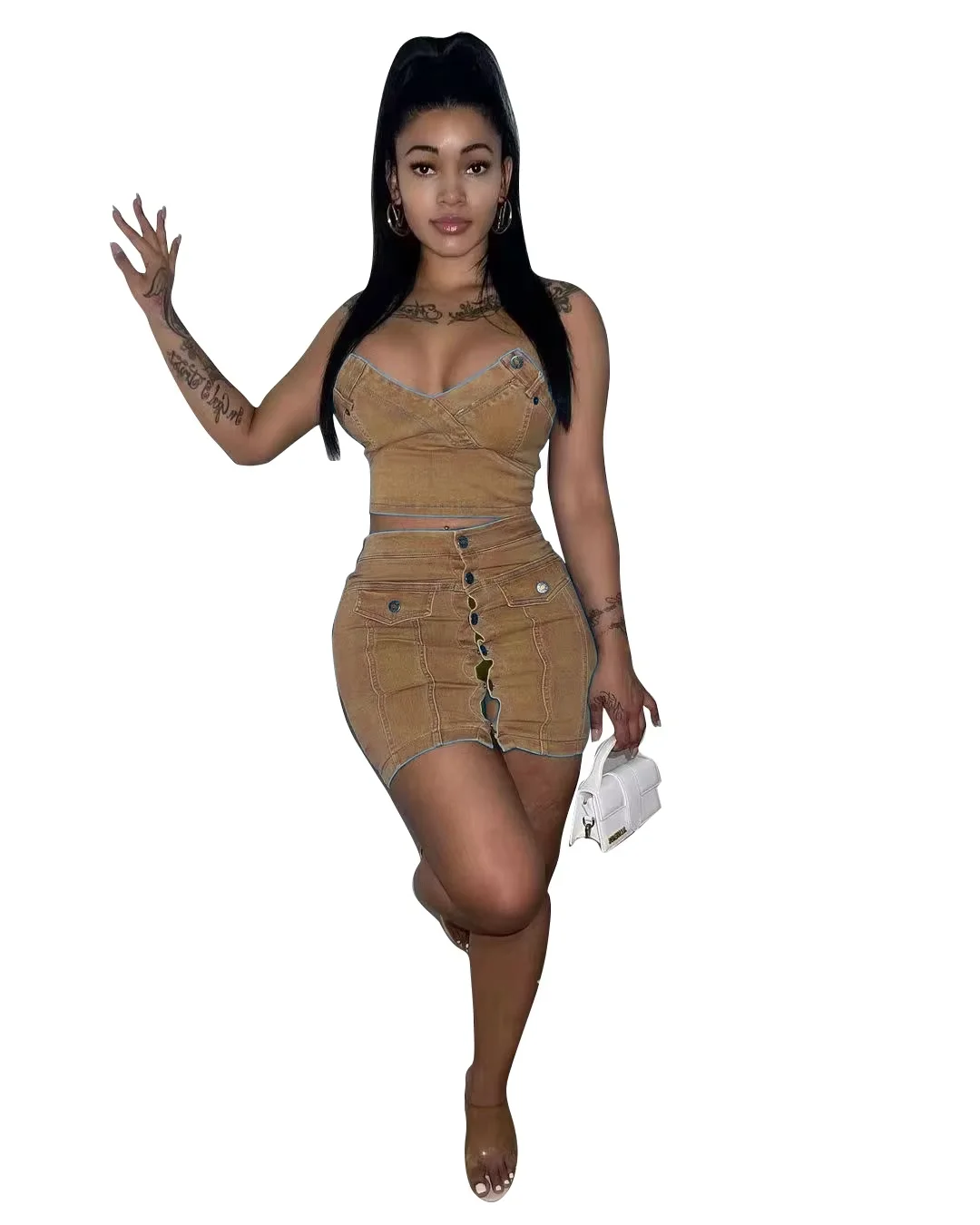 Latest Design Cotton Wash Denim Outfit for Women Sexy Strapless Crop Top High Waist Button Jean Mini Skirt 2 Piece Set details