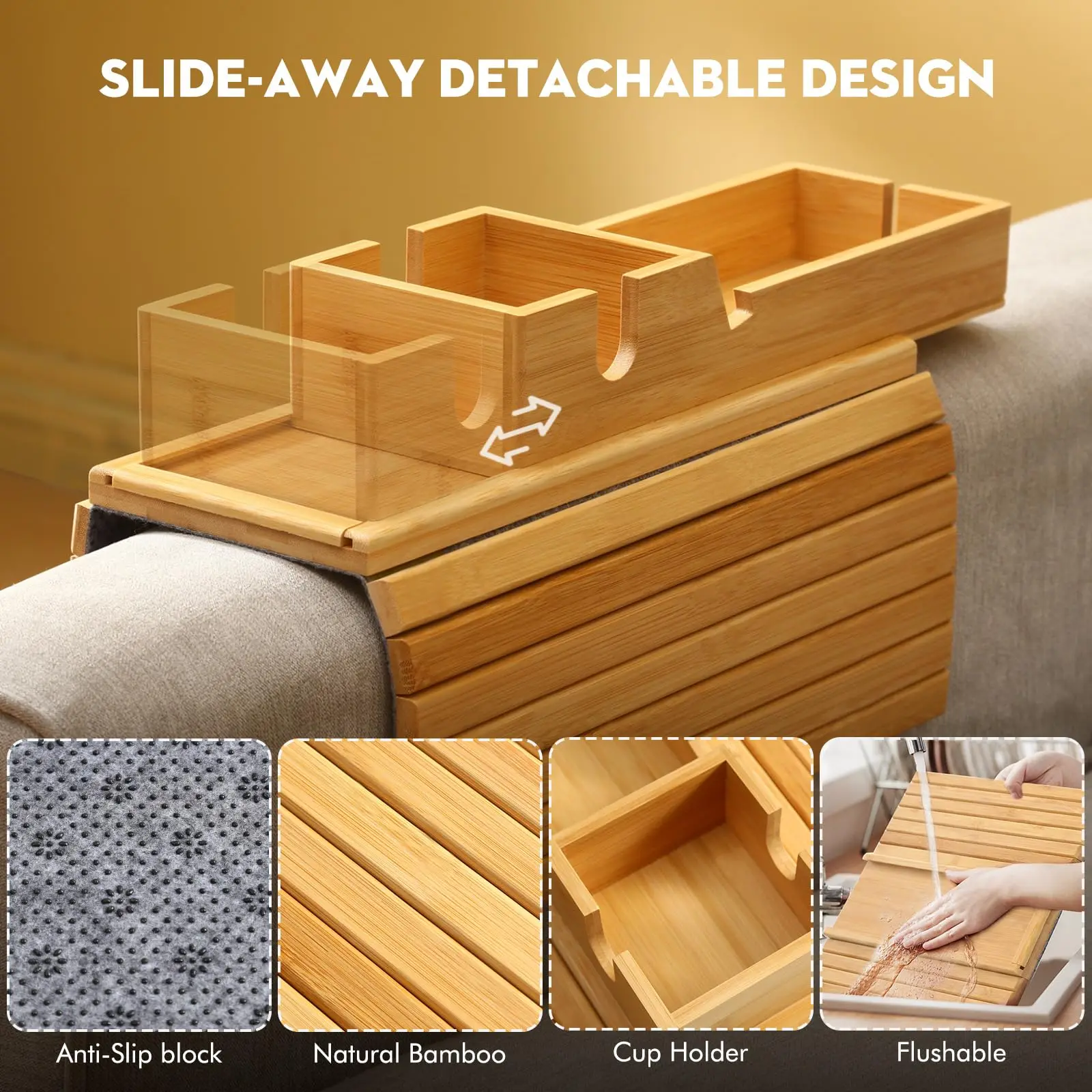 product 2 in 1 bamboo sofa armrest tray detachable cup holder anti fall tray foldable design for phone snacks remote storage trays-7