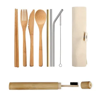 Amazon hot selling wooden Biodegradable Bamboo Straw Toothbrush Spoon Fork Knife Travel Wooden Bamboo Cutlery Set t in Pouch