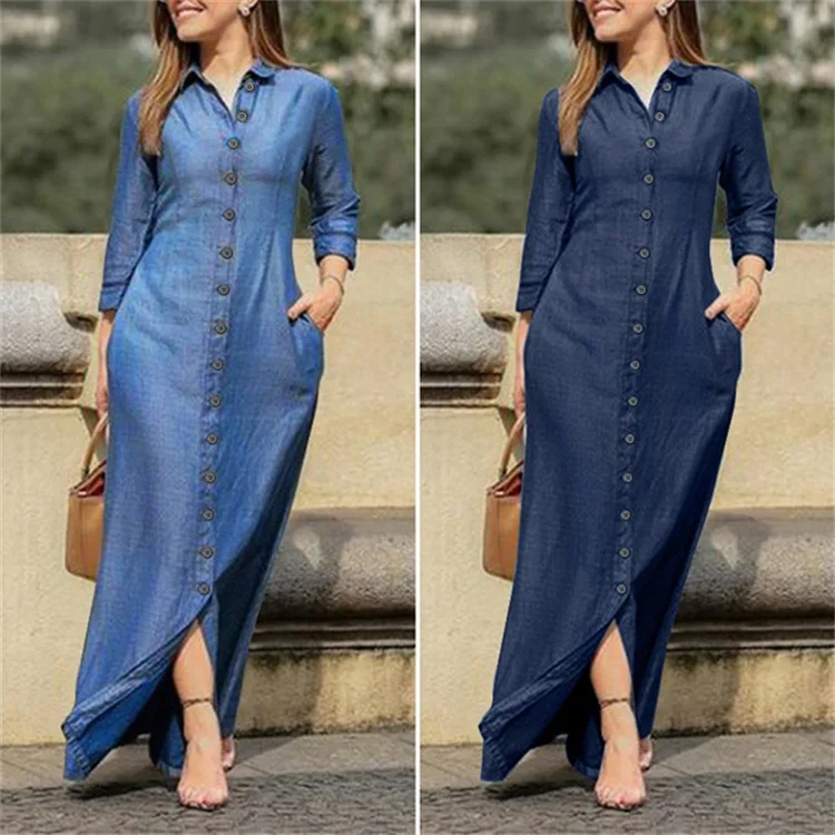 Hot Sell Women Solid Long Dresses Women's Clothing Women Long Jeans Dresses Shirt Long Sleeves Skirt Denim long dress H69b14e618c4b4e6eb7fab239f5cc7dbda
