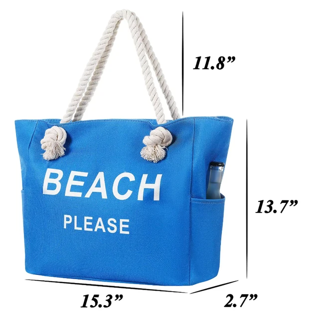 waterproof sand-proof custom printed daily women large tote bag zipper  rope handle canvas cotton beach bag with inner pockets