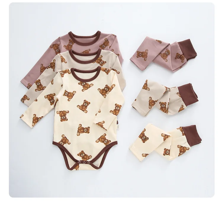 2022 autumn new infant toddler two piece set cotton cute bear printed newborn baby rompers tops pants outfits