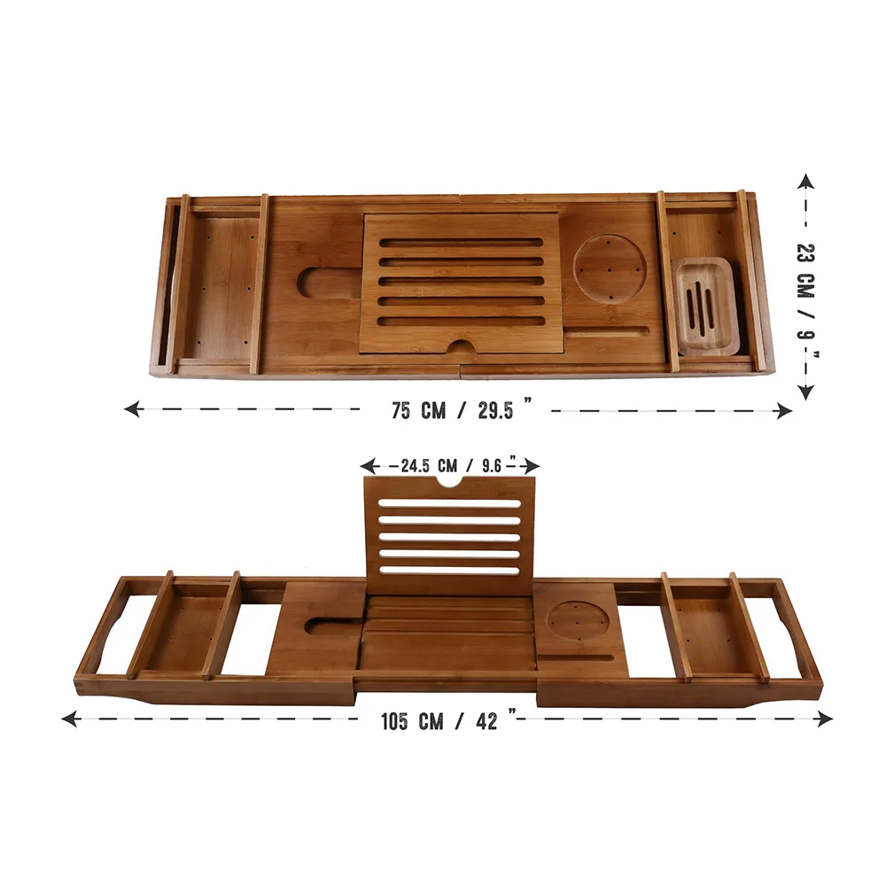 product wholesale bamboo bathtub tray with wine glass phone holder bath tray soap tray extendable up to 105 centimeters bathroom set-8