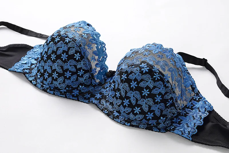 Blue Ultrathin Lace Lace Push Up Bra With Embroidery Plus Size C/D
