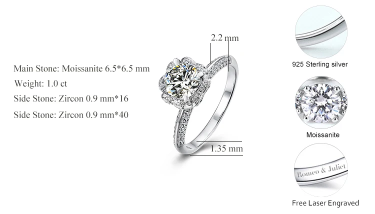 High quality tarnish free 1.0 carat D VVS1 white round brilliant cut moissanite sterling silver ring jewelry women