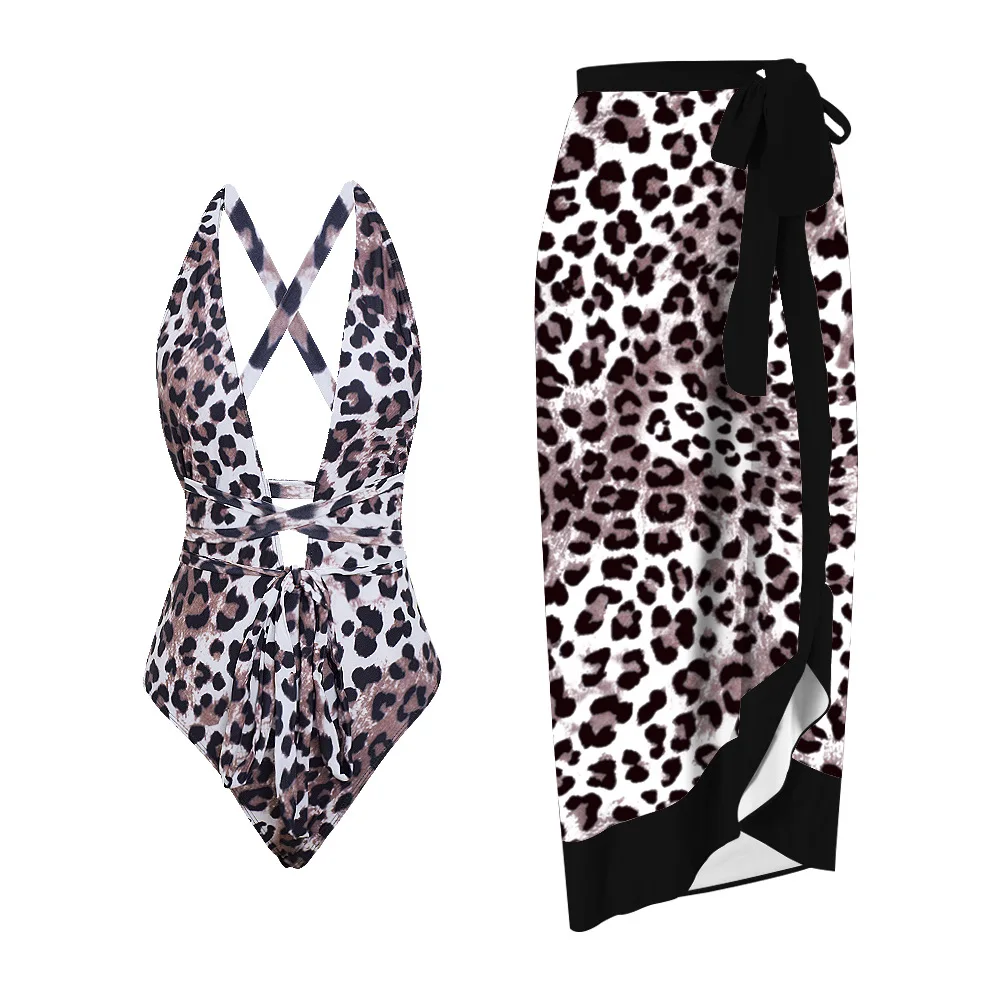 New Arrival Women's Sexy Camisole Backless Leopard One-Piece Swimsuit Bikini Chiffon Lace Up Skirt Swimsuit Set