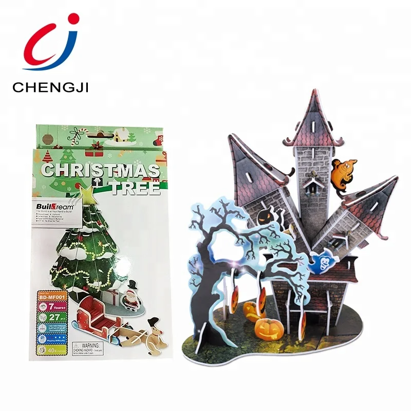 Trending christmas puzzle gifts halloween castle tree house snow cottage 3d cardboard eva jigsaw puzzle toy