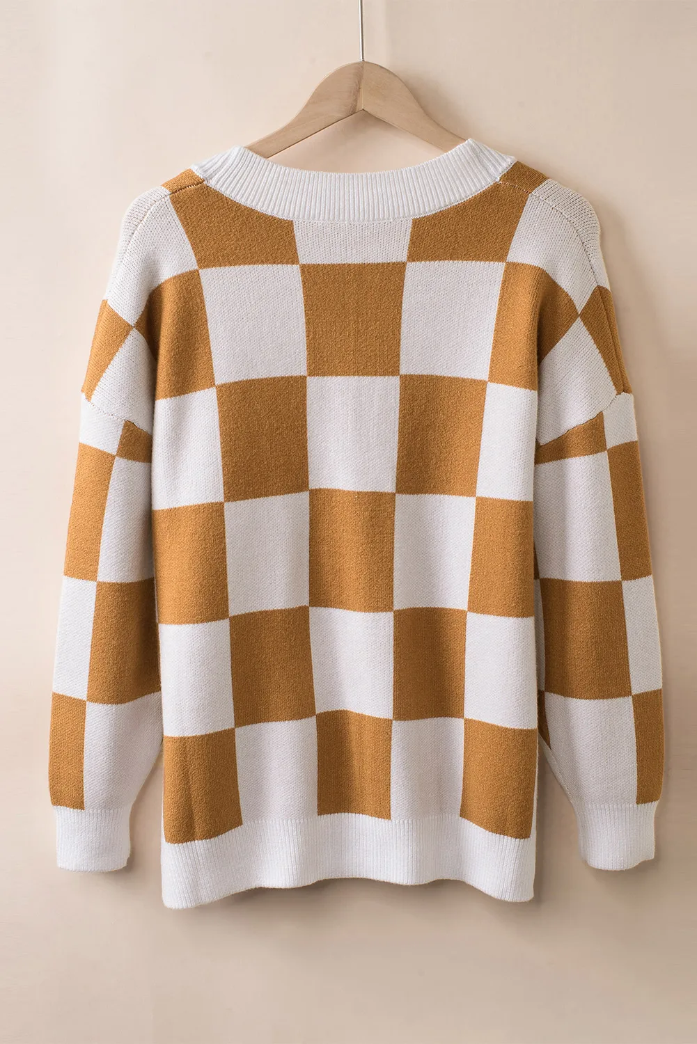 Dear-Lover Winter Brown Contrast Checkered Print Button Up Women Sweater Christmas Cardigan