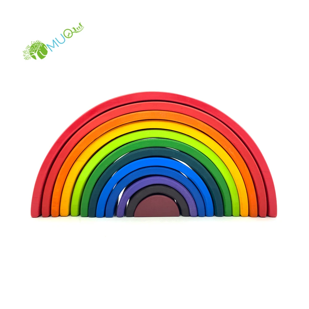 YumuQ 12 PCS Montessori Wooden Rainbow Stacker, Educational Wooden Nesting Puzzle Blocks Toys for Kids, Baby and Toddlers