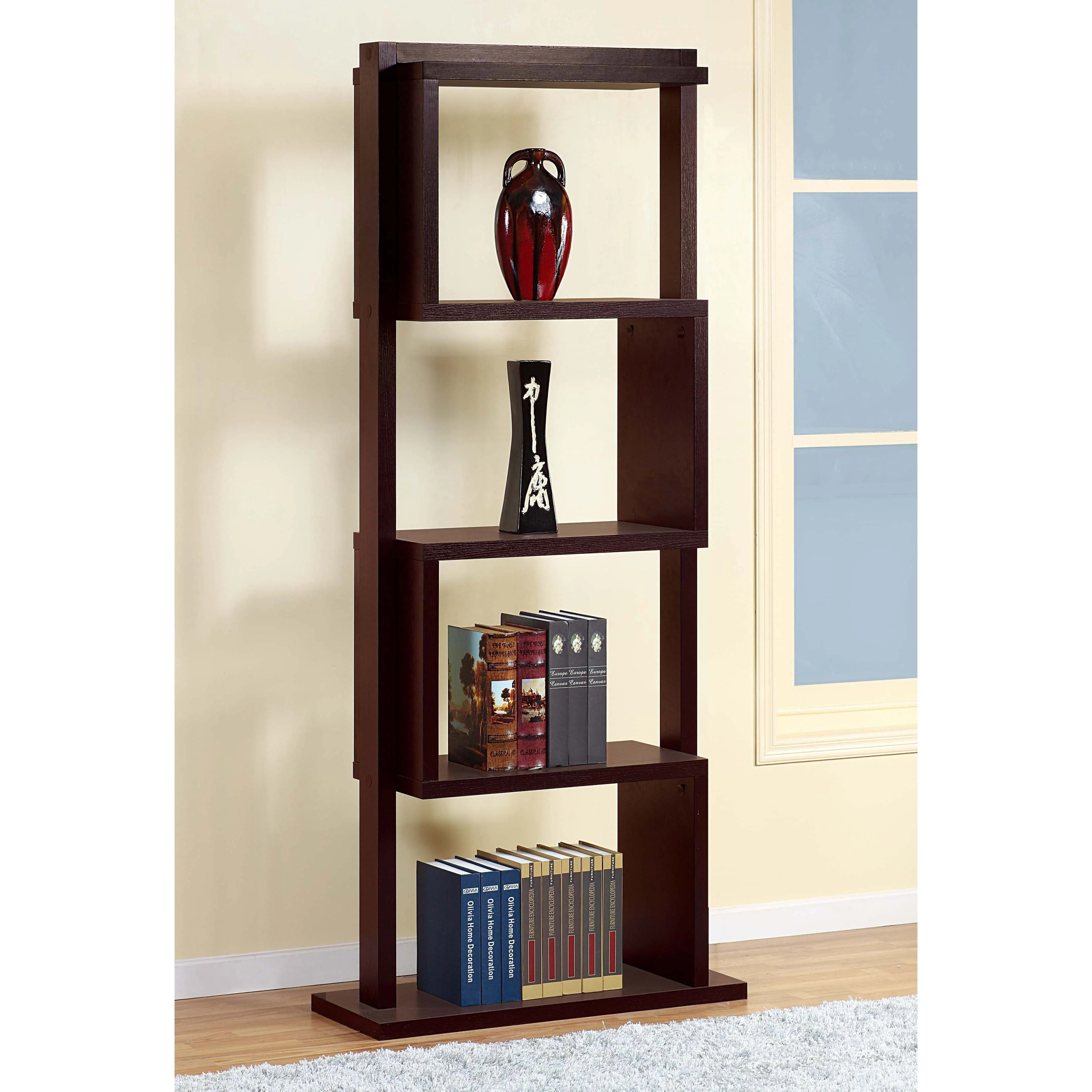 NOVA DMUD017 Modern Geometric Living Room Furniture Tall Black Oak Wood Book Storage Cabinet Bookshelf