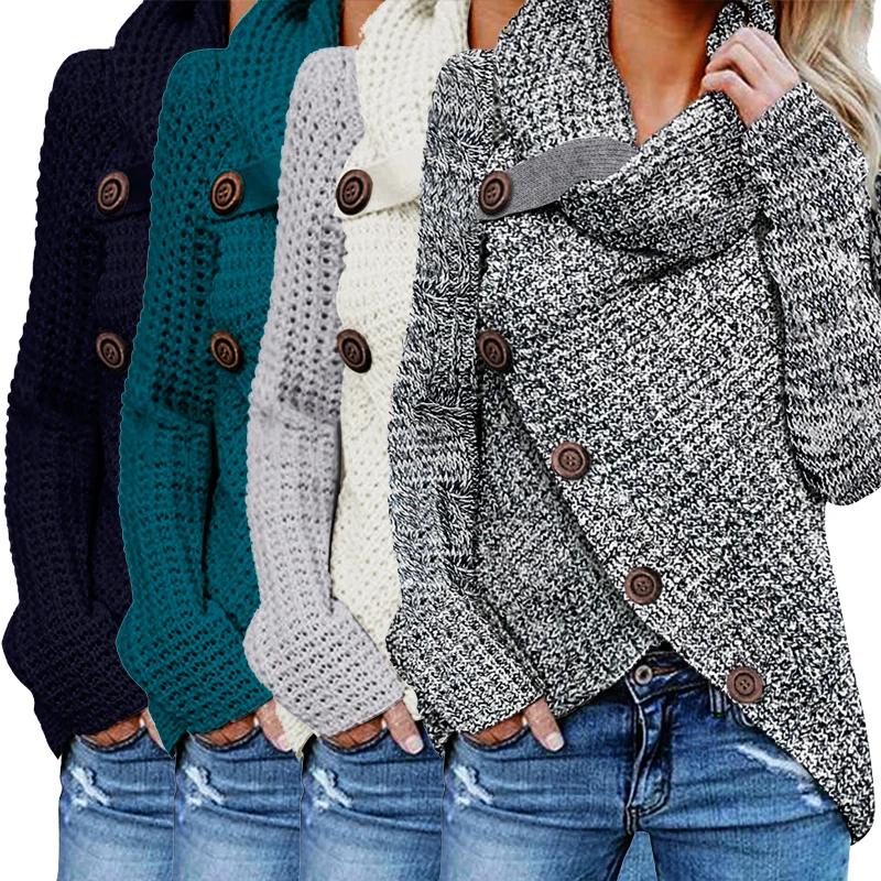 Buttoned Wrap Turtleneck Women Sweater 