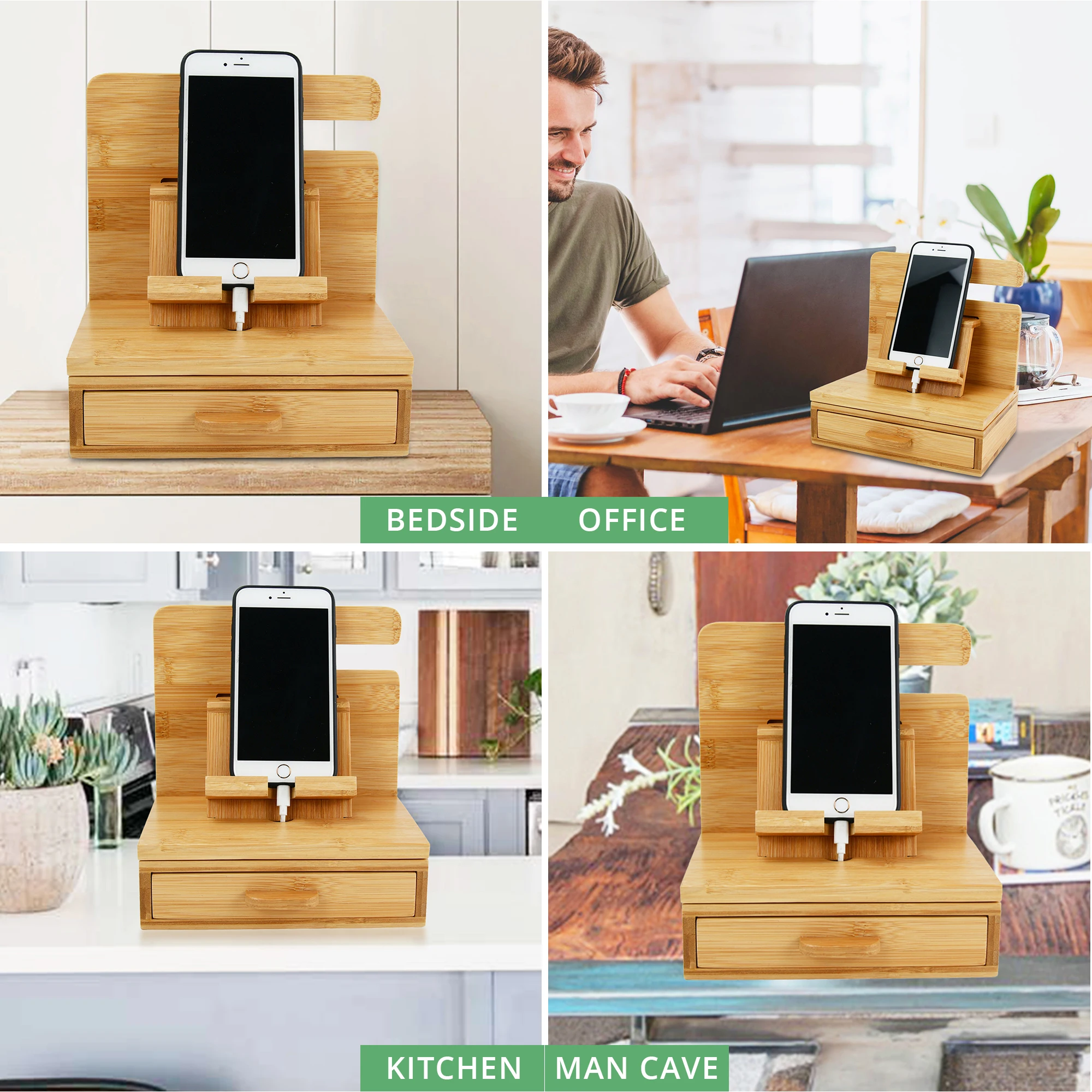 Youlike Wooden Phone Docking Station Desktop Mobile Phone,Bamboo Wood Phone Docking Handmade Station tray for Multiple Devices