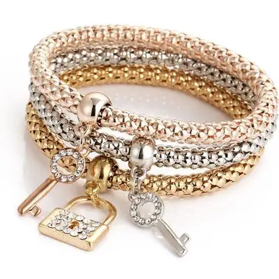 Hot Selling 3 Pcs Crystal Butterfly Popcorn Elastic Bracelets Set Heart Lock Charm Bracelet for Women