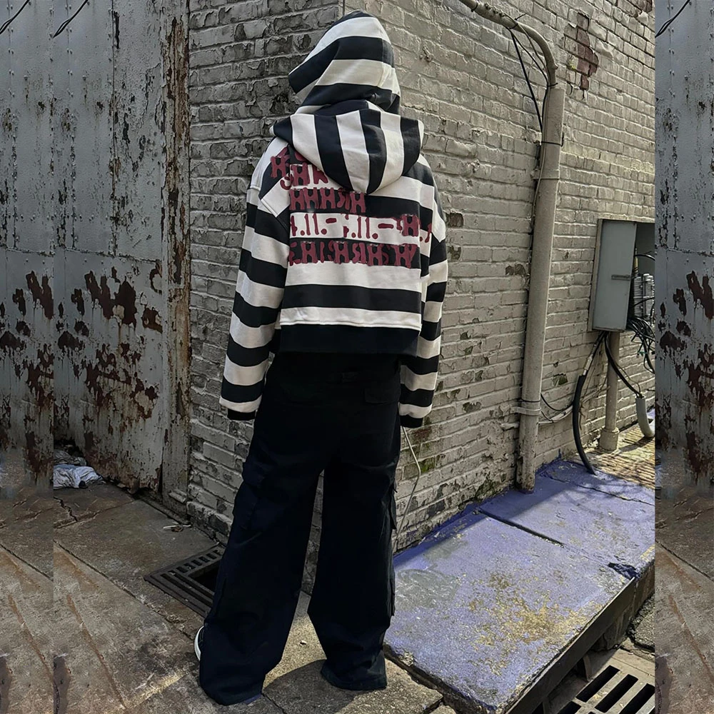 Clothing Manufacturers Custom Printing logo 100% Cotton Double Layer Hood Stripe Cropped Boxy Zip up Hoodie for Men manufacture