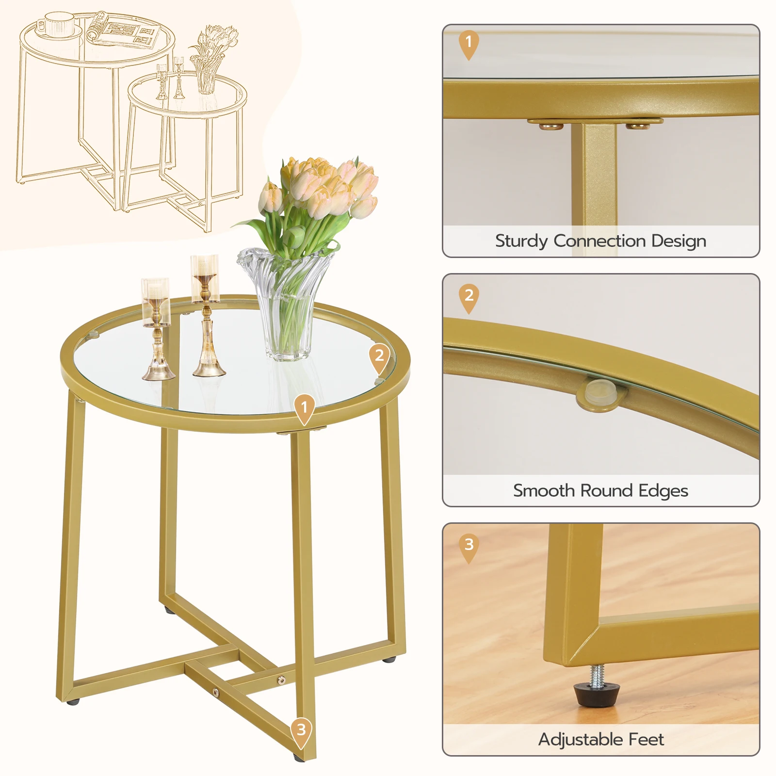 Wholesale Living Room Modern Round Nesting Glass Gold Coffee Table Set of 2 Center Table Stacking Side End Table with Storage