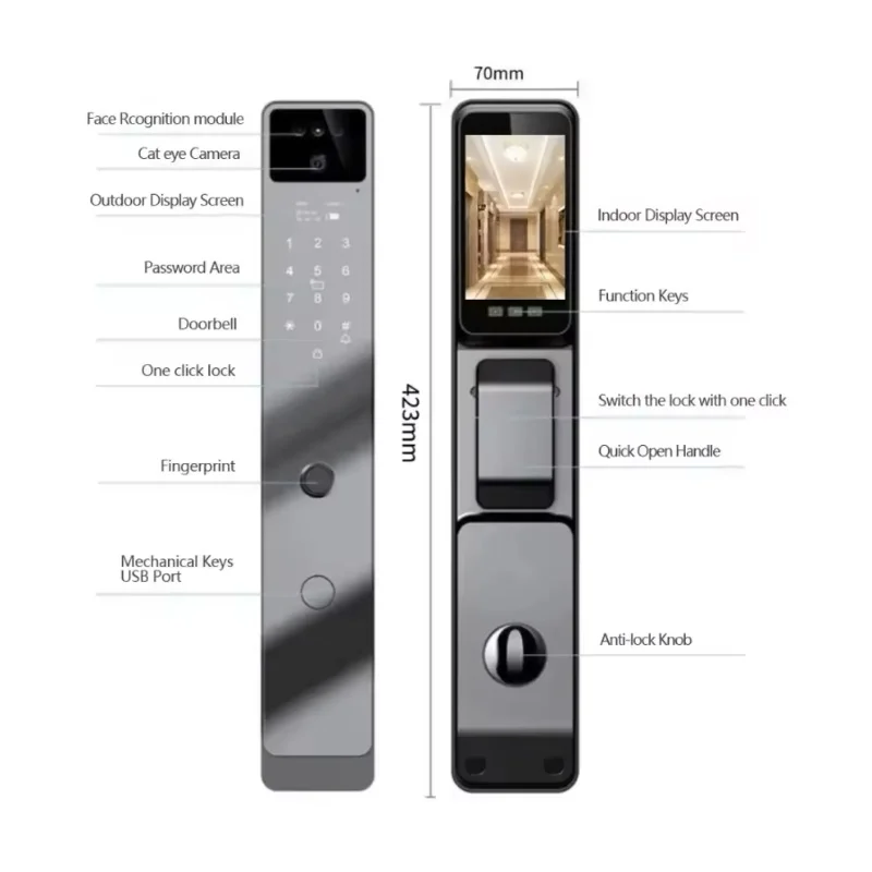 Digital Keyless Fingerprint Door Lock Electronic 3D Face Black Tuya Smart Door Lock With Camera Cerradura Inteligente