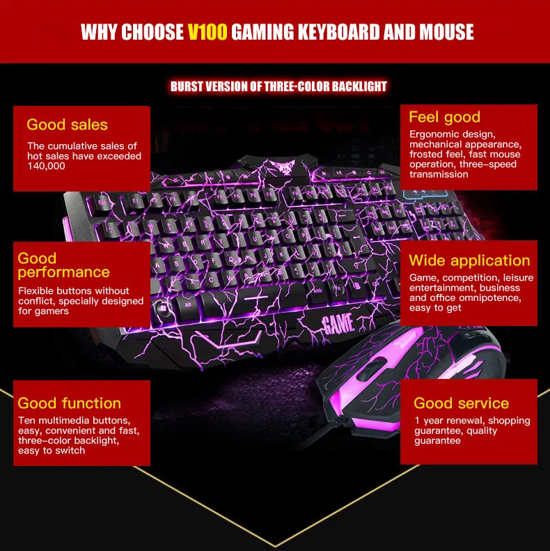 Mouse And Keyboard Gamer Essential For Computer Games Tri Color Backlight Cracked Appearance 5819