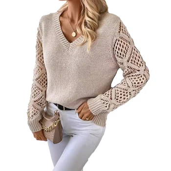 Europe and the United States fashion jumper female knitwear lazy wind hollow long-sleeved V-neck pullover versatile tops