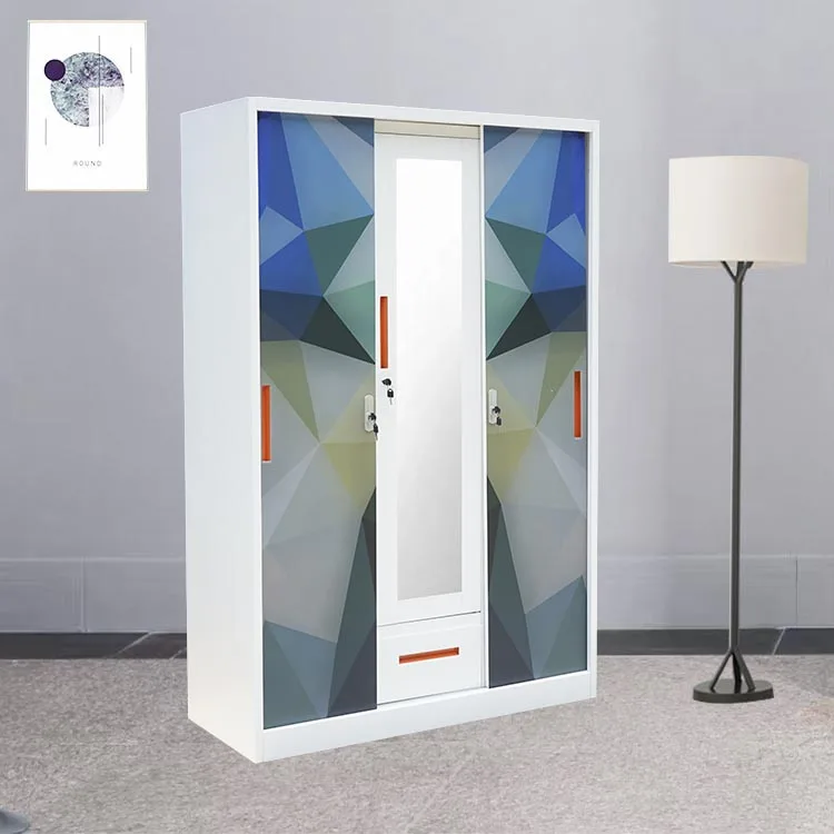 Digital Printed Steel Sliding Door 3-Door Wardrobe with Metal Mirror Flower Printed Almirah at an Affordab