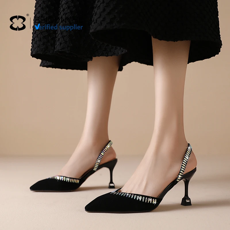 genuine leather Women Dress Pumps Thin Heels Comfortable Luxury Short Heels Lady Shoe With Buckle parchment Sandals