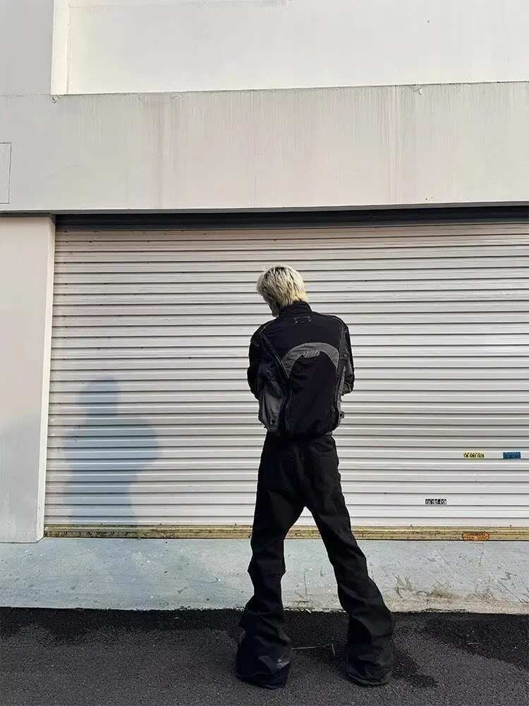 American High Street Vibe Style Niche Handmade Washed Denim Brushed Wax Coating Slim Flared Stretchy Straight Trousers Men details