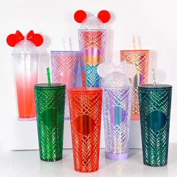 Wholesale Double Wall Matte Plastic Studded Tumbler Grid Collection Cup With Lid Straw Protected By Patent