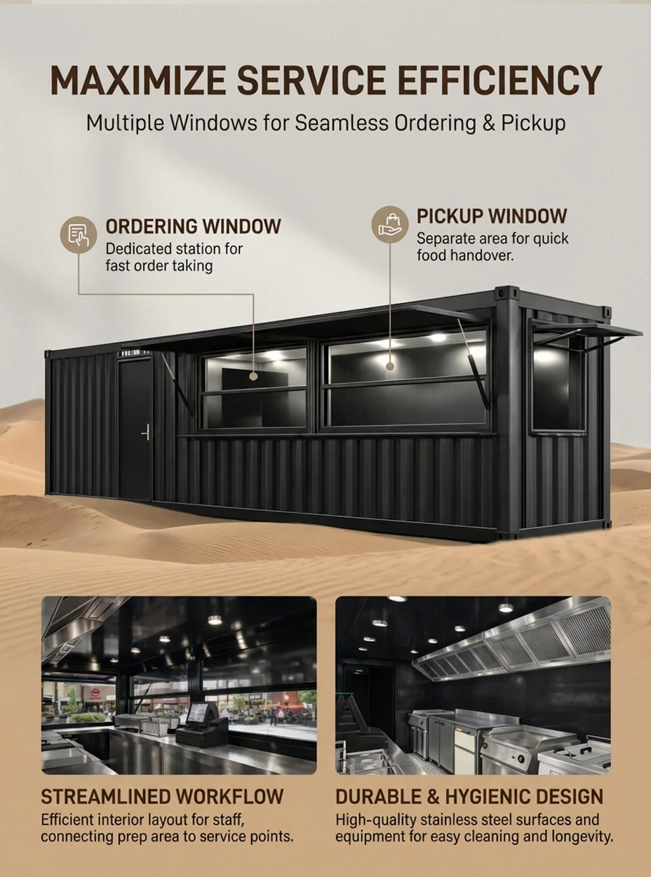 product customizable popular steel structure mobile 40ft commercial modular shipping bbq container kiosk with full kitchen-2