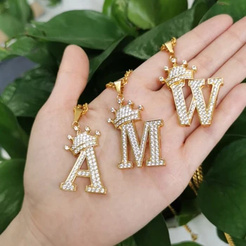 Mini A-Z Zircon Crown Initial Letters Chain Necklaces Pendant For Men Women Gold Chain Cubic Hip Hop Charm Jewelry Gifts