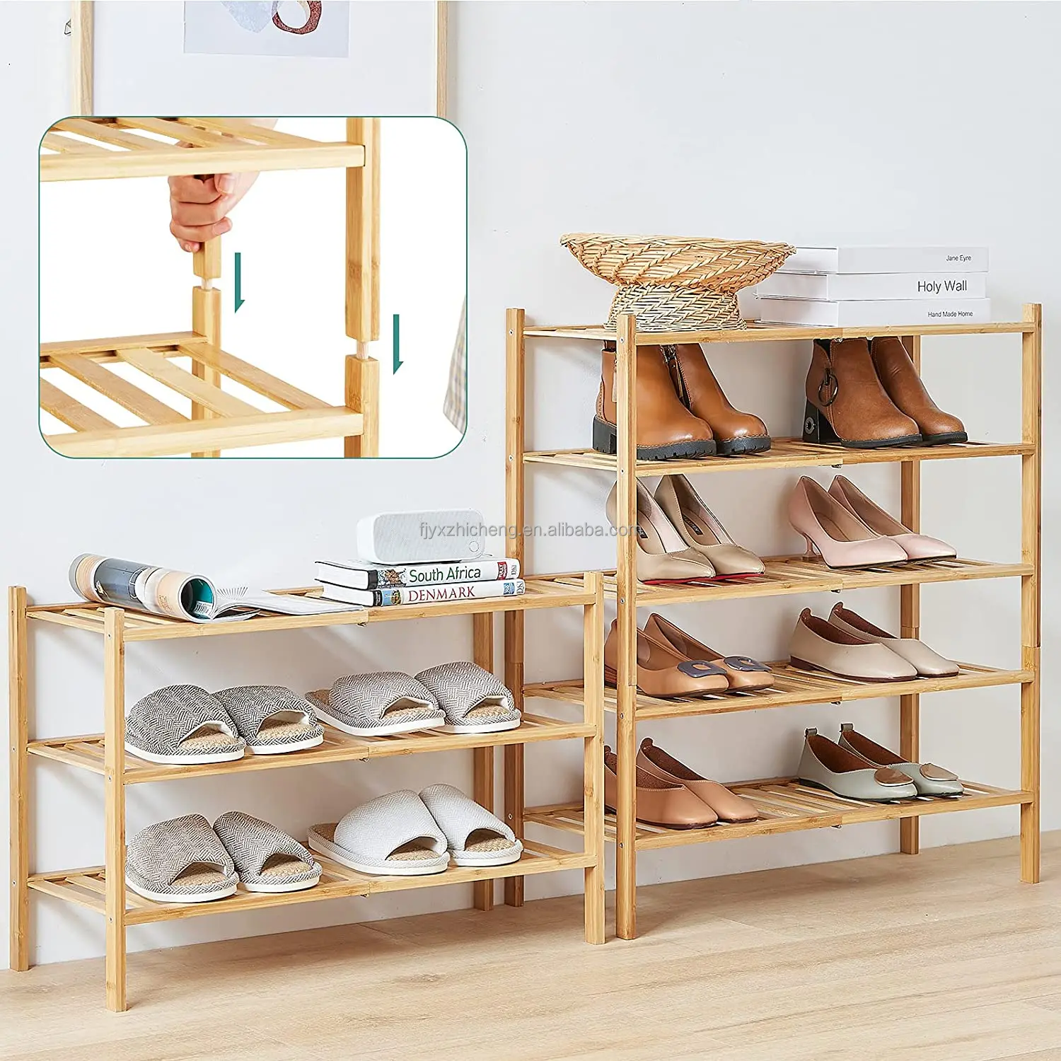 product multi function modern free standing bamboo 3 tier stackable shoe racks for living room entryway storage-1