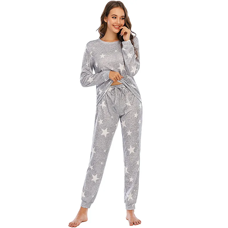 wholesale custom high quality long sleeve cotton pj homewear star print pajama two piece round neck pyjamas women set