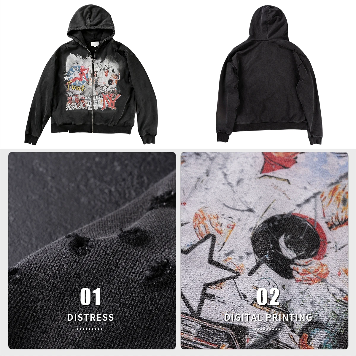 product 400gsm mens vintage acid wash zip up oversized hoodie manufacturers heavyweight digital printing and ribbed cuffs design-4