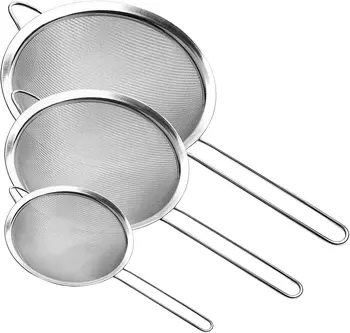 3 Pieces Fine Wire Mesh Flour Strainer Stainless Steel Frying Skimmer Food Strainer with Handle for Kitchen Baking