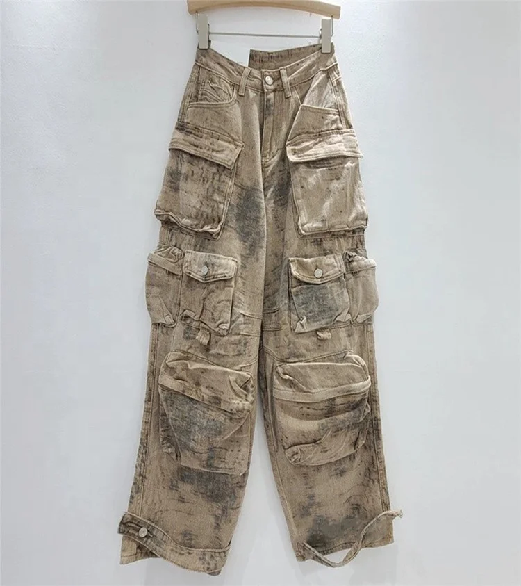Women Jeans High Waist Camouflage Multiple Pockets Cargo Loose Straight Leg Denim Pants 2023