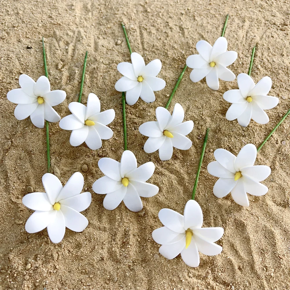 5CM EVA Hawaii Island Artificial White Foam Plumeria w Yellow Tip Head Flower Ear Pick Hair Accessories hair flower