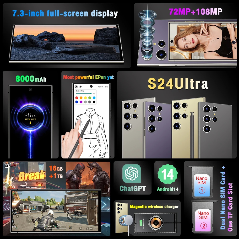 Original brand-new game S24 Ultra cpu Eight core  12MP+200MP Android 13 Face Recognition New Mobile Phone
