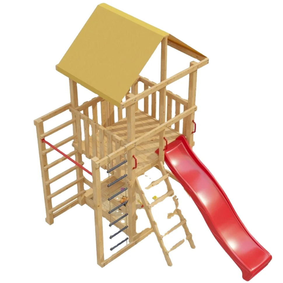 wooden play fort with slide